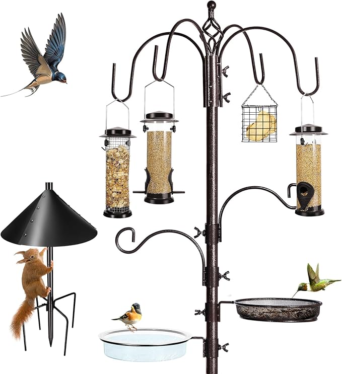 6-Hook Bird Feeding Station Kit Wild Bird Feeder Stand Pole, Multi-Feeder Hanging Kit Stand with Water Bowl, Mesh Tray and Squirrel Guard Baffle, 94 Inch