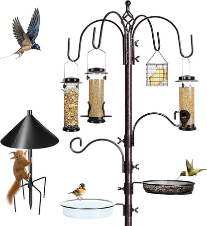 6-Hook Bird Feeding Station Kit Wild Bird Feeder Stand Pole, Multi-Feeder Hanging Kit Stand with Water Bowl, Mesh Tray and Squirrel Guard Baffle, 94 Inch