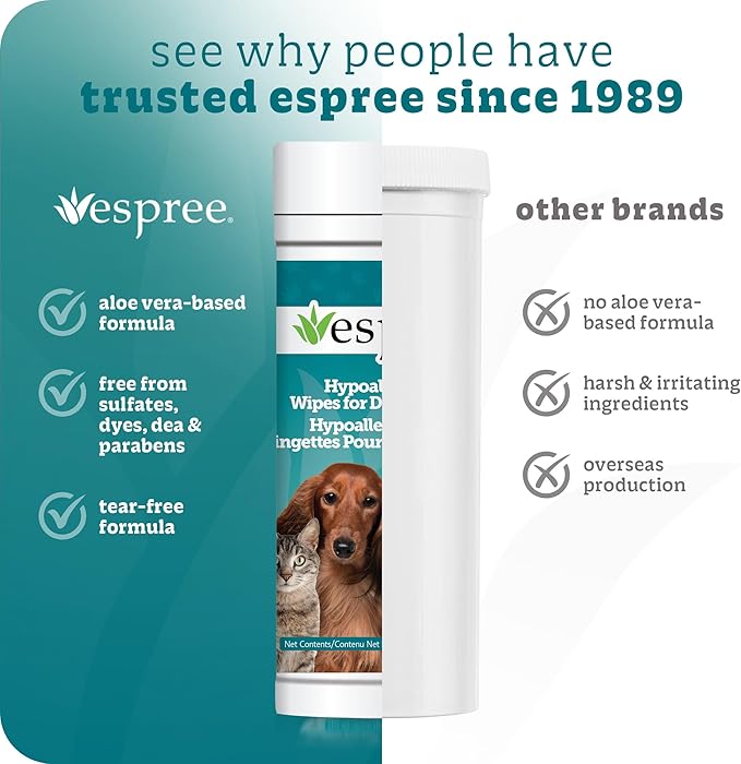 Espree Pet Hypoallergenic Aloe Wipes, Cleaning and Odor-Controlling Grooming Wipes for Paws, Cat Grooming, Dog Care, Perfect for Puppy and Adult Dogs, Fresh Baby Powder Scent, 50 Count