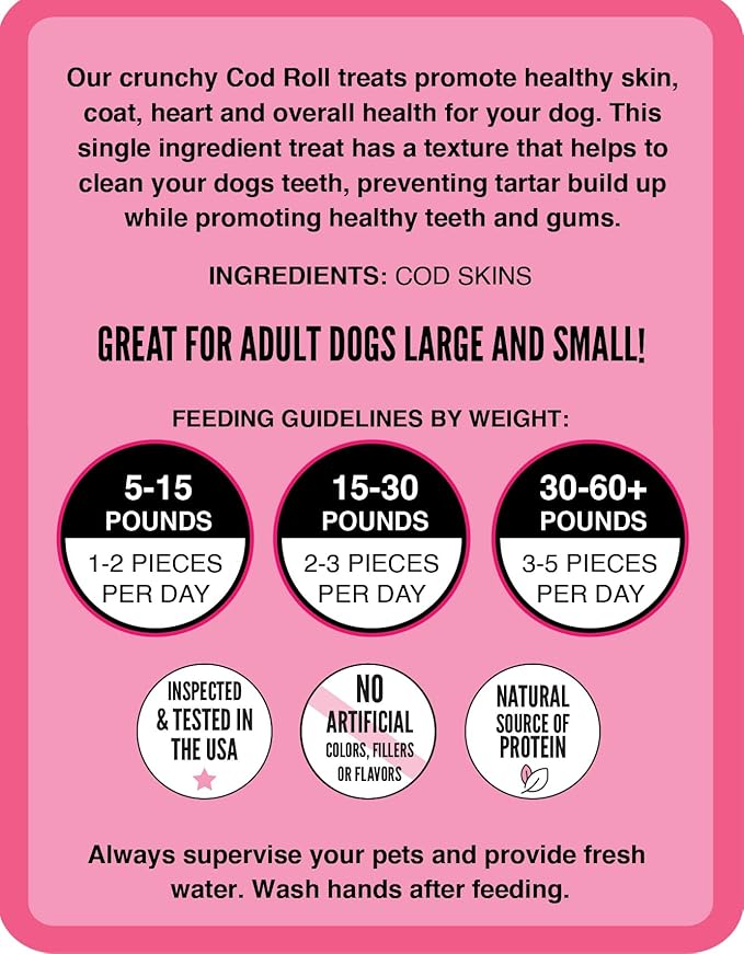 Hubert Pet Premium Cod Skin Rolls - Single Ingredient Natural Dog Treats for All Breeds, No Artificial Additives - 1.5 lbs Bag