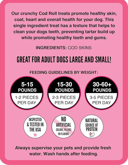 Hubert Pet Premium Cod Skin Rolls - Single Ingredient Natural Dog Treats for All Breeds, No Artificial Additives - 1.5 lbs Bag