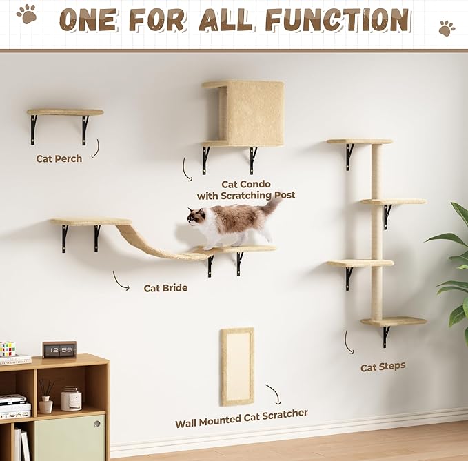 Cat Wall Shelves, Wall Mounted Cat Furniture, Cat Wall Climber with Bridge, Perches, Ledges and Beds, Kitty Jungle Gym for Wall, Set of 5 (Beige)