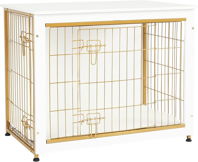 DWANTON Dog Crate Furniture with Cushion, Wooden Dog Crate Table, Double Doors Dog Furniture, Indoor Dog Kennel, Dog House, Dog Cage Medium, 32.5" L, White