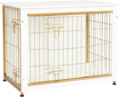 DWANTON Dog Crate Furniture with Cushion, Wooden Dog Crate Table, Double Doors Dog Furniture, Indoor Dog Kennel, Dog House, Dog Cage Medium, 32.5" L, White