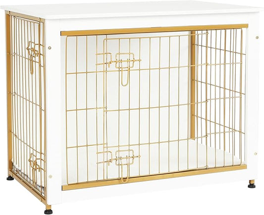 DWANTON Dog Crate Furniture with Cushion, Wooden Dog Crate Table, Double Doors Dog Furniture, Indoor Dog Kennel, Dog House, Dog Cage Medium, 32.5" L, White