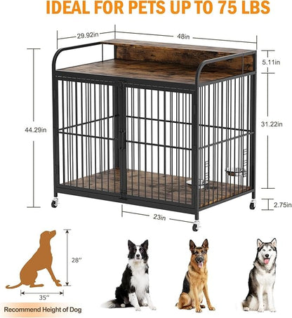 48 Inch Dog Crate Furniture, Dog Cages with Adjustable Feeder Height, Ideal for Large Dogs, Equipped with 360-Degree Swivel Casters for Smooth Mobility, Rustic Brown