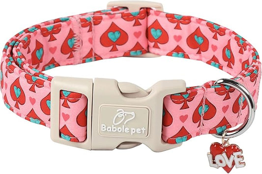 Valentine's Day Dog Collar - Cute Pink Valentines Dog Collar Girl Boy Durable Adjustable Spade Heart Pattern Charm Dog Collars for Small Medium Large Dogs S