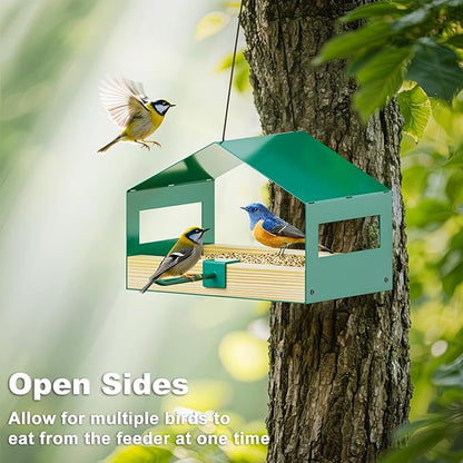 FANHAO Metal Bird Feeder for Outdoors Hanging, Wild Bird Feeder House with Rust-Resistant Mesh, Hanging Platform Bird House Feeder for Attracting Birds, Weatherproof, Easy to Clean & Refill