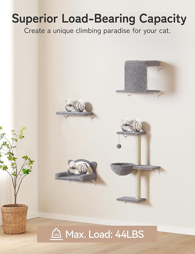 Cat Wall Shelves 5-in-1 Modern Climbing Wall Furniture Set for Cats with Scratching Posts, Cat Bed & Sofa, Space-Saving Perch for 16" Drywall, Light Gray