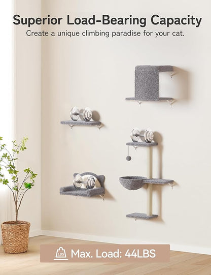 Cat Wall Shelves 5-in-1 Modern Climbing Wall Furniture Set for Cats with Scratching Posts, Cat Bed & Sofa, Space-Saving Perch for 16" Drywall, Light Gray