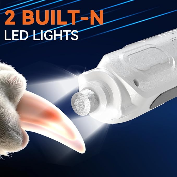 Dog Nail Grinder with 2 LED Lights Powerful 6-Speed Dog Nail Trimmers with 2 Grinding Wheels Super Quiet Rechargeable Pet Dog Nail File for Large Medium Dogs Cats - White