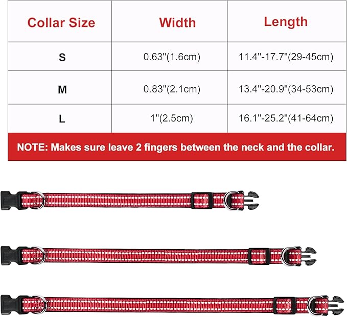 AUAUY Reflective Nylon Dog Collars, Adjustable Classic Pet Collars with Soft Neoprene Padding, Double Security Dual D-Ring and Quick Release Buckle for Small Puppy, Medium and Large Dogs (Red-L)