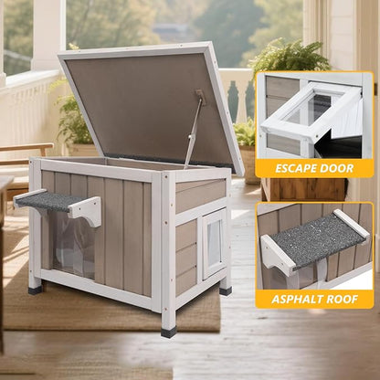 22.44" L Cat House,Feral Cat Shelter for Summer Cats,Outdoor Weatherproof Cat Enclosure with Openable Asphalt Roof & 2 Escape Doors for Small Cats,Suit for 1-2 Cat,Grey