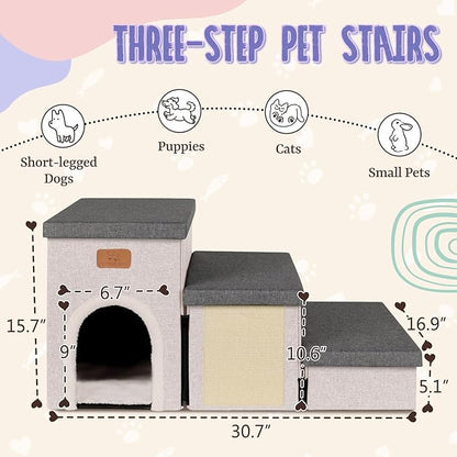 downluxe Dog Stairs for Small Dogs, Foldable Dog Steps for Bed, Sofa and Chair, Non-Slip Pet Steps with Cat Scratcher and Condo (3-Step Pet Stairs, Grey-Beige)