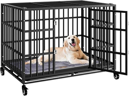 38 Inch Heavy Duty Dog Crate with Wheelsï¼_ndestructible Escape-Proof Dog Cage for Large Dogs, Extra Large XL XXL Indestructible Dog Crate with Removable Tray.