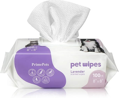 PrimePets Dog Wipes for Paws and Butt, 100 Count, 8" x 8" Pet Wipes for Dogs Cats Cleaning Deodorizing, Lavender Scented, Extra Thick Puppy Wipes for Sensitive Skin, Grooming for Bums, Face and Body