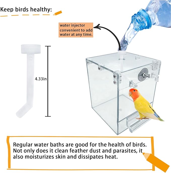 kathson Acrylic Bird Cage Bath Box,Parrot Hanging Tube Shower Box Birds Bathtub Cage Accessory with Water Injector Feeding Spoon for Small Pet Canary Lovebird Budgies Parakeets Cockatiel Conure(3 Pcs)