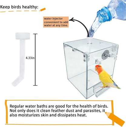 kathson Acrylic Bird Cage Bath Box,Parrot Hanging Tube Shower Box Birds Bathtub Cage Accessory with Water Injector Feeding Spoon for Small Pet Canary Lovebird Budgies Parakeets Cockatiel Conure(3 Pcs)