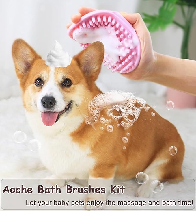 4Pack Pet Grooming Brush Kit, Aoche Dog Bath Brush Flea Comb for Dogs Pet Shampoo Brush Soothing Massage Rubber Comb Flea Lice Comb Cat Tear Stain Comb Dog Brush for Shedding, Pink+Yellow