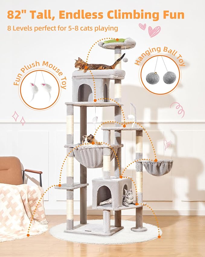 Taoqimiao 83In Heavy Duty Cat Tree, Suitable 20lb+ Large Cats, XXL-Cat Tower for Indoor Cats Large Adult, 2 Luxurious Cat Cando with 8 Scratching Posts,Oversized Metal Hammocks, Light Gray MS032W