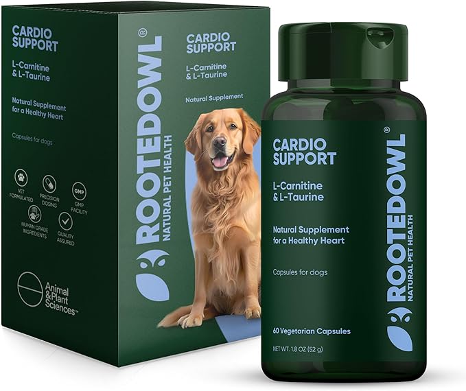 Rooted Owl Cardio Support - L-Taurine and L-Carnitine Supplement for Dogs - Cardiovascular and Heart Health Supplements for Dogs - 60/ct