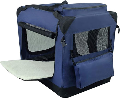 EliteField 3-Door Folding Soft Dog Crate with Carrying Bag and Fleece Bed (2 Year Warranty), Indoor & Outdoor Pet Home (42" L x 28" W x 32" H, Navy Blue)