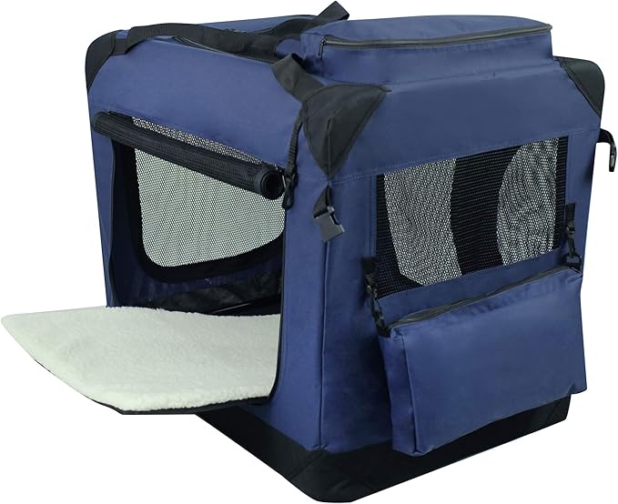 EliteField 3-Door Folding Soft Dog Crate with Carrying Bag and Fleece Bed (2 Year Warranty), Indoor & Outdoor Pet Home (20" L x 14" W x 14" H, Navy Blue)