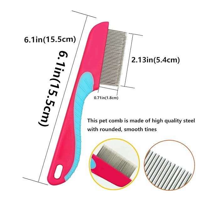 JINSHIN Dog comb,Cat comb,Pet combs,Metal Dog Comb,Pets Steel Comb,Cat Grooming Comb,Dog Grooming Comb (Silver+Pink)
