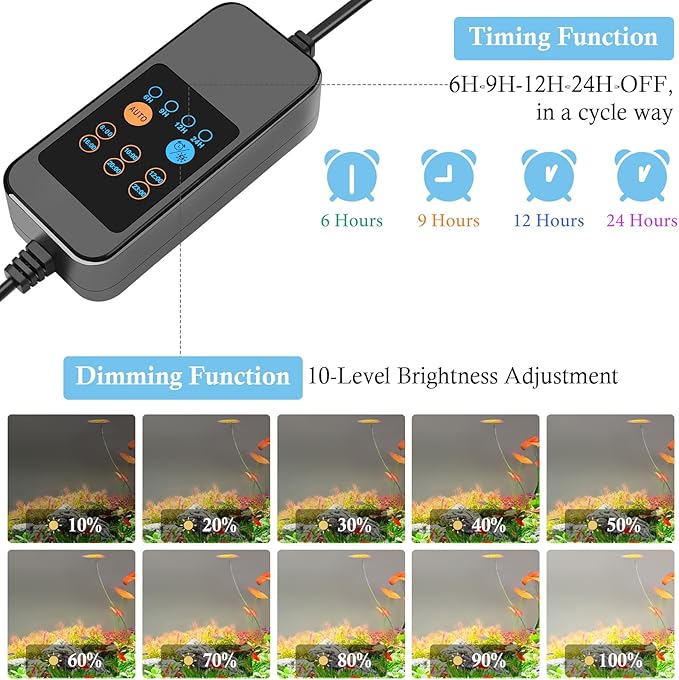 HITOP 24-32in Full Spectrum LED Aquarium Light with Timer, Auto 24/7 Lighting Cycle& 10-Level Brightness Adjustment, Fish Tank Light for Plant Growth, with Extendable Brackets