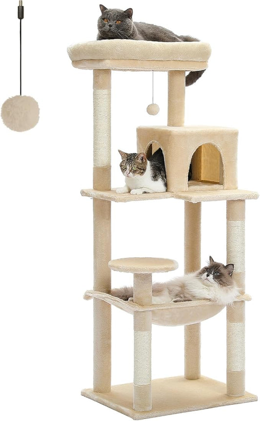 PETEPELA 56.3 Inches Multi-Level Cat Tree Cat Tower with Sisal Covered Scratching Posts, Comfort Condo, Extra Large Hammock and Plush Perches Beige