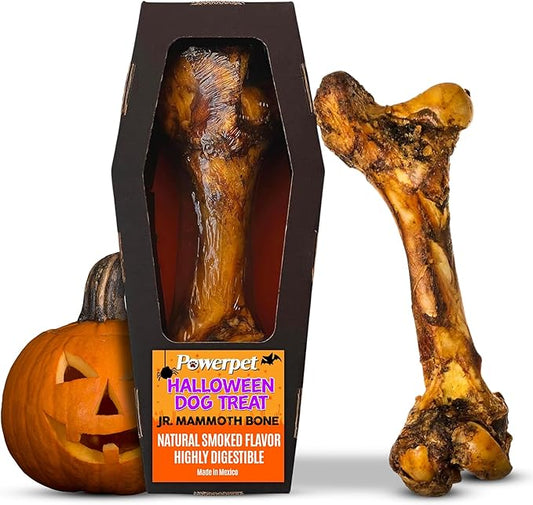 Powerpet Jr. Mammoth Bone - Halloween Dog Treats, Natural Beef Dog Chew Bones, Digestible Dog Bones w/High Calcium, for Dental Health, Large Breeds & Aggressive Chewers - Odorless, Smoked Flavor 1pc