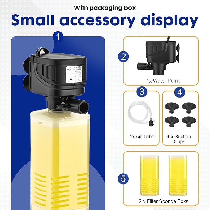 320 GPH Aquarium Filter lnternal Submersible Pump for 40 to 100 Gal Tanks ，Wave maker 4 in 1 ，Biochemical Filtration Powerful Pump/Pond Clear