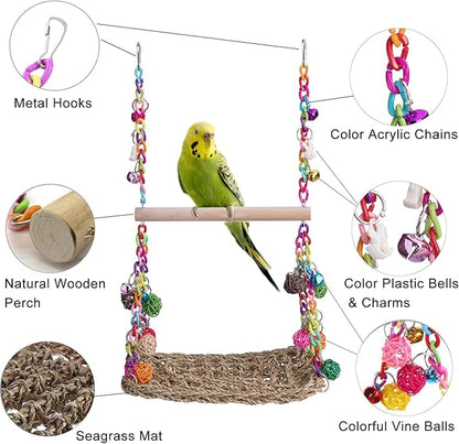 Bird Swing Toys with Wood Perch, Seagrass Woven Parrot Platform Bird Climbing Hanging Hammock Bird Perch Stand Chewing Toy for Parakeets,Budgie, Conure, Cockatiel,Lovebird