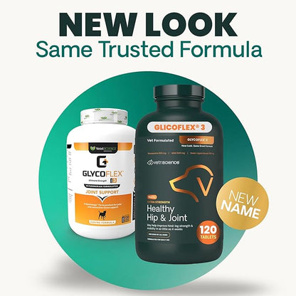 VetriScience Glycoflex 3 Clinically Proven Hip and Joint Supplement for Dogs - Maximum Strength Dog Supplement with Glucosamine, MSM, Green Lipped Mussel & DMG - 2 Pack (120 Chewable Tablets Each)
