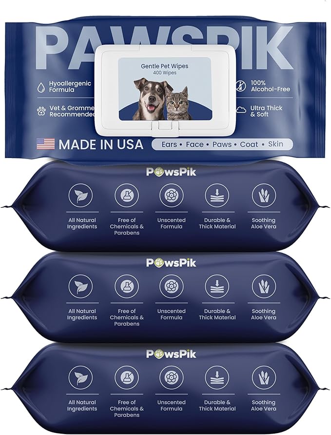 Made in USA Premium Pet Wipes with All Natural Ingredients for Dogs & Cats, Body, Ears, Face, Butt & Paws - 8x8 Inch Large - Unscented, Ultra Thick, Hypoallergenic & Alcohol-Free (4 Packs (400 pcs))
