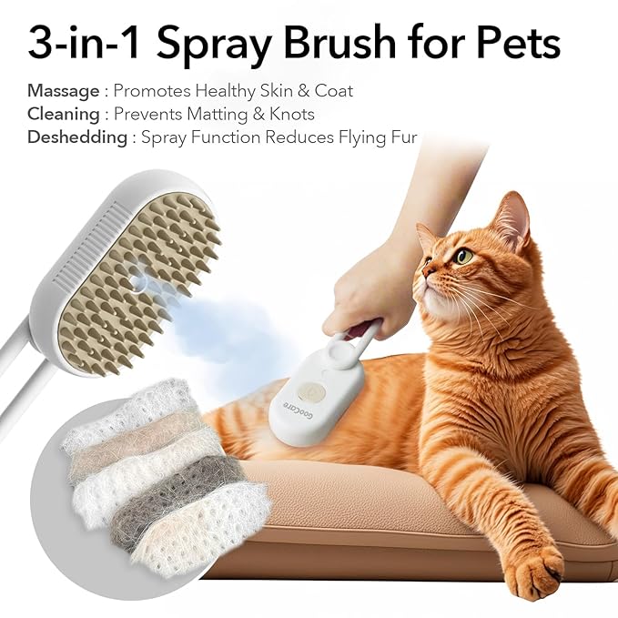 2nd Generation 3-in-1 Cat Steam Brush for Shedding, Pet Hair Removal Comb with Water Tank, Spray Cat Brush for Pet Grooming, Steamy Comb for indoor Haired Cats, Dogs and Rabbits (Khaqi)