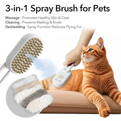 2nd Generation 3-in-1 Cat Steam Brush for Shedding, Pet Hair Removal Comb with Water Tank, Spray Cat Brush for Pet Grooming, Steamy Comb for indoor Haired Cats, Dogs and Rabbits (Khaqi)