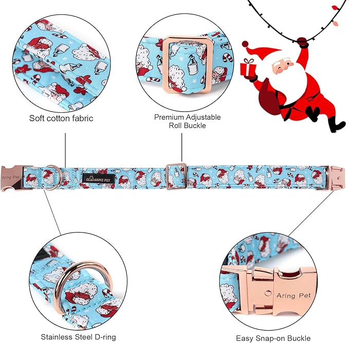 ARING PET Christmas Dog Collar-Cotton Blue Santa Claus Dog Collar with Bow, Adjustable Christmas Bowtie Dog Collars Pet Necklace with Metal Buckle for Girl&Boy Dogs
