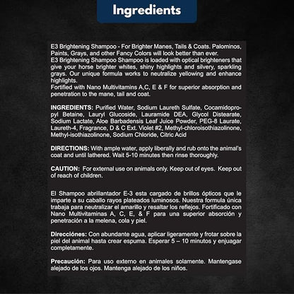 E3 Brightening Shampoo for Horses 32oz - Enhances Coat Color, Deep Cleansing, Moisturizes & Conditions, Gentle Formula, Vet Approved