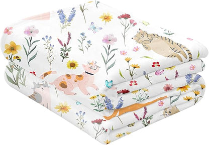 Floral Throw Blanket Birthday Gift for Women Mom Girls Kids Cat Lover Cat Flower Blanket Summer Wildflower Flannel Blanket Watercolor Printed Throw for Couch Sofa Bed Chair 50"x60"
