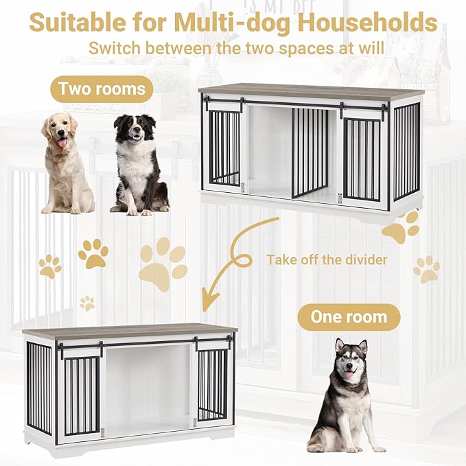 Rovibek 61 Double Dog Crate Furniture for 2 Dogs, Large Double Dog Kennel Furniture TV Stand, Furniture Style Dog Crates End Table, Wood Crates for Dogs Kennel Indoor White