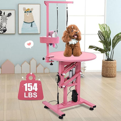24" Electric Dog Grooming Table, Fast Lift Heavy Duty 360° Rotating Pet Grooming Desk for Small Dogs with Anti Skid Tabletop, Remote, Grooming Set, Tool Organizer, Pink
