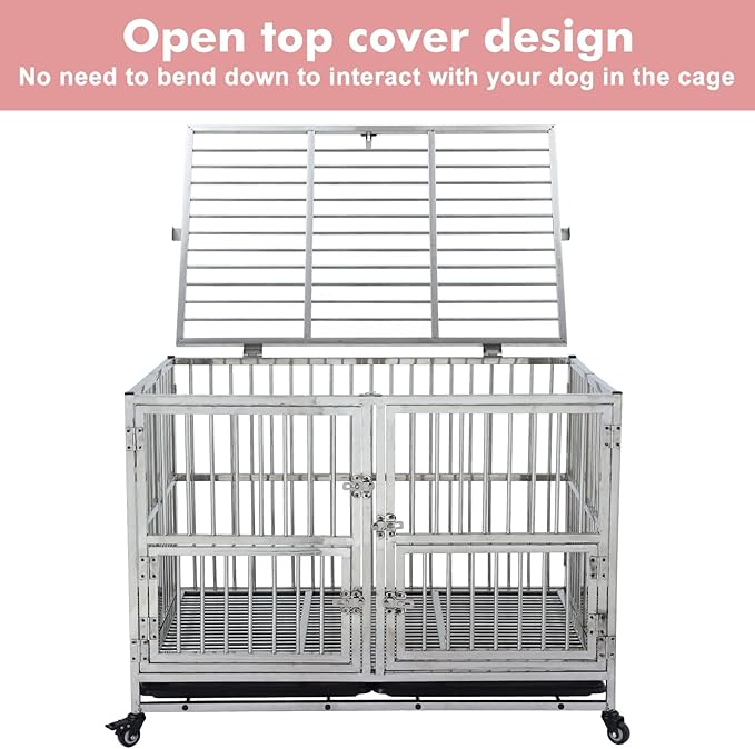 48 Inch Heavy Duty Indestructible Dog Crate, Stainless Steel Dog Cage Kennel with Lockable Wheels, High Anxiety Dog Crate with Double Door, Extra Large Crate Indoor for Large Dogs with Removable Tray