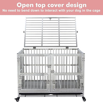 48 Inch Heavy Duty Indestructible Dog Crate, Stainless Steel Dog Cage Kennel with Lockable Wheels, High Anxiety Dog Crate with Double Door, Extra Large Crate Indoor for Large Dogs with Removable Tray