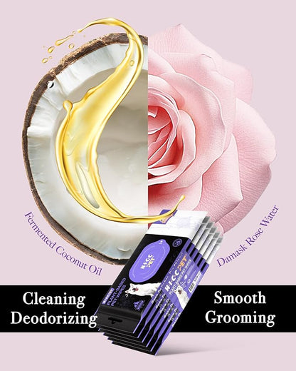 HICC PET Cleaning Deodorizing Wipes for Dogs & Cats, Vet Recommended Nourishes Smoothes Fur Pet Grooming Wipes with Fermented Coconut Oil, Hypoallergenic Plant-Based Dog Wipes for Paws and Butt