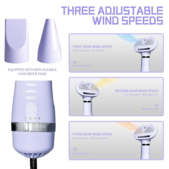 Spray Cat Brush for Shedding Pet Hair Dryer with Slicker Brush - Home Grooming Furry Portable Drying Blower for Short Straight Hair Cat - 3 in 1 Cleaning Brush for Cats and Dogs (PURPLE)