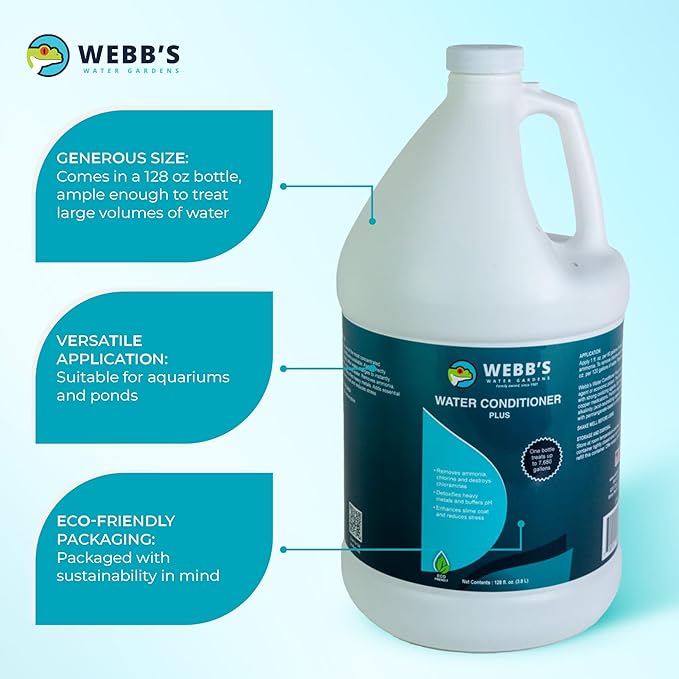 Webbs Water Gardens Water Conditioner Plus - Fish Safe, Heavy Metal Detoxifier and Dechlorinator for Freshwater and Marine Aquatics - 128 Fluid Ounces
