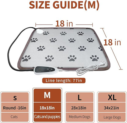 Cat Heating Pad 18x18 in Pet Heating Pad for Cats Waterproof Smart Thermostat Switch, Adjustable Heated Cat Bed, Adding Wire Rope Wires Cat Warming Pad-Paw Print