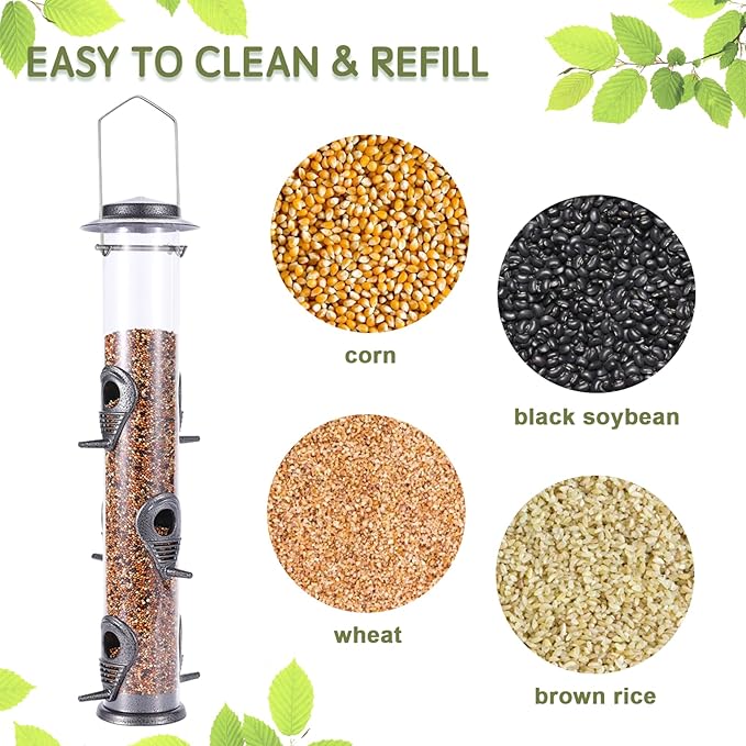 MIXXIDEA 2PK Metal Wild Bird Feeder Squirrel Proof Bird Feeders for Outside Hanging 6 Port Tube Bird Feeder Transparent Finch Feeder with Steel Hanger (Grey)