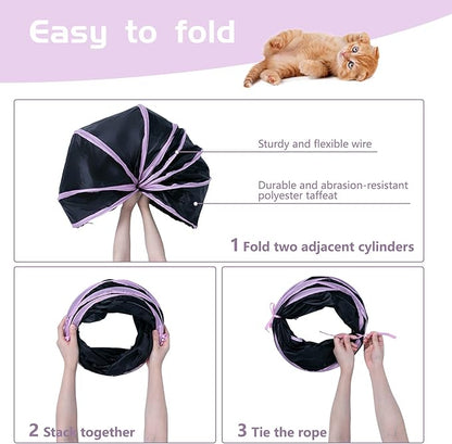 Sheldamy Cat Tunnel, S-2-Way Cat Tunnels for Indoor Cats, Collapsible Cat Play Tunnel, Interactive Toy Maze Cat House with 1 Play Ball for Cats, Puppy, Kitty, Kitten, Rabbit (Pink & Black)